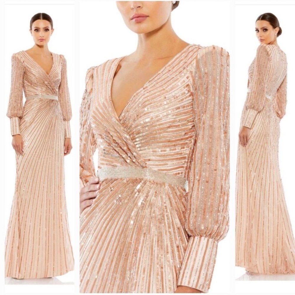 Mac Duggal Peach Sequin Maxi Dress